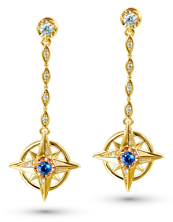 Gold Alamea Hawaii sapphire diamond compass earrings