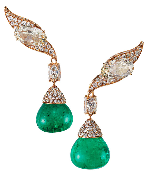 Krishna Choudhary Swan earrings with Moval diamonds and emerald drops