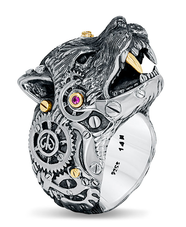 Mens Galatea Mystic Wolf silver and gold ring
