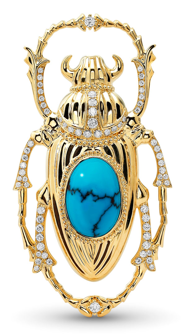 Mens Parle scarab beetle egyptian turquoise diamond gold brooch