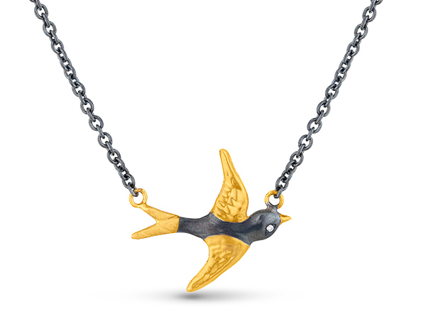 Mixed Metal Lika Behar floating charms swallow oxidized silver 24k gold necklace