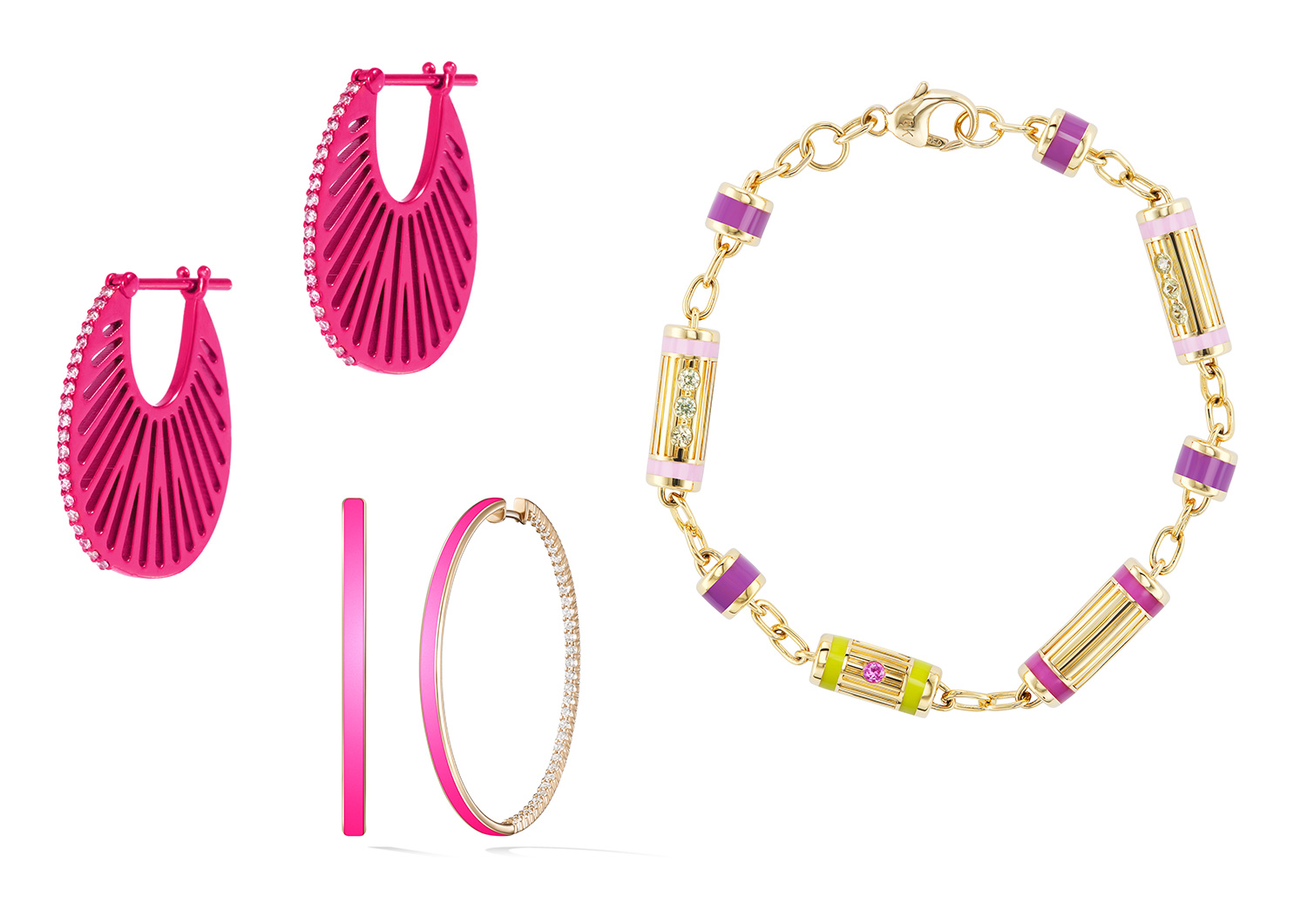 L Atelier Nawbar pink hoops Melissa Kaye pink enamel hoops Emily P Wheeler pink green bracelet