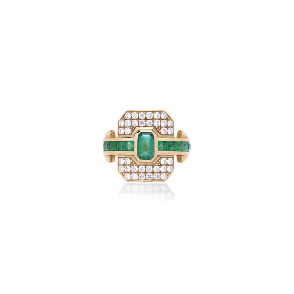 Rainbow K shield emerald ring