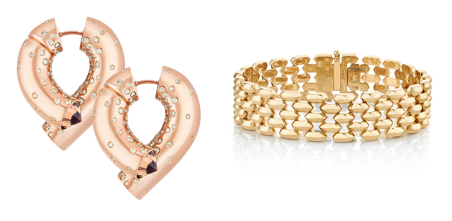 Tabayer rose gold diamond Oera hoops and Lizzie Mandler five row gold bracelet