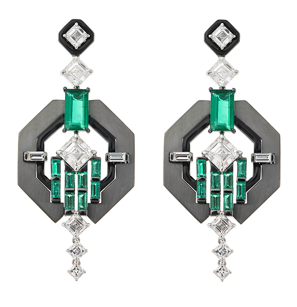 Nikos Koulis emerald diamond enamel earrings