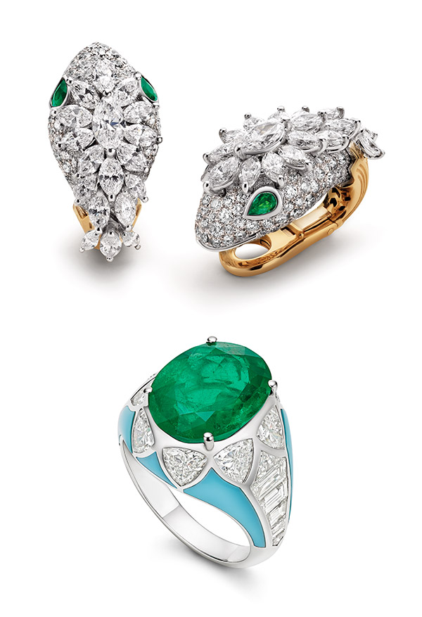 Bulgari serpenti earrings and emerald turquoise cocktail ring
