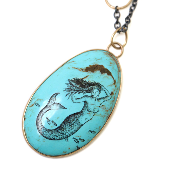 Hannah Blount mermaid scrimshaw necklace
