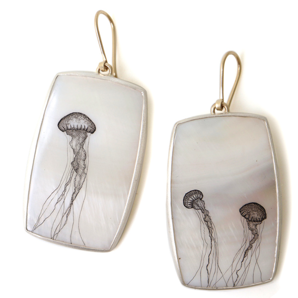 Hannah Blount scrimshaw jellyfish earrings