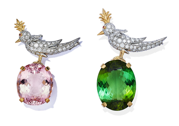 Tiffany morganite and tourmaline bird on a rock brooches