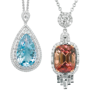 Yael pink tourmaline and Artistry aquamarine pendants