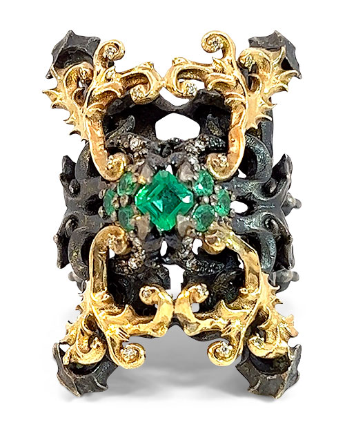 Alp Sagnak 18k gold silver Renaissance ring emerald diamonds