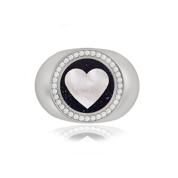 Midnight in Love heart ring in platinum with aventurine, white mother-of-pearl and diamonds,  $18,200; Anna Maccieri Rossi