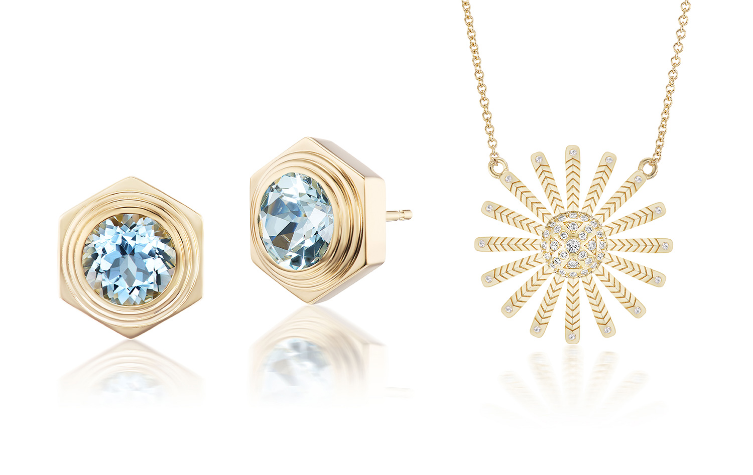 Harwell Godfrey Mini hexed aqua earrings and sunflower pendant