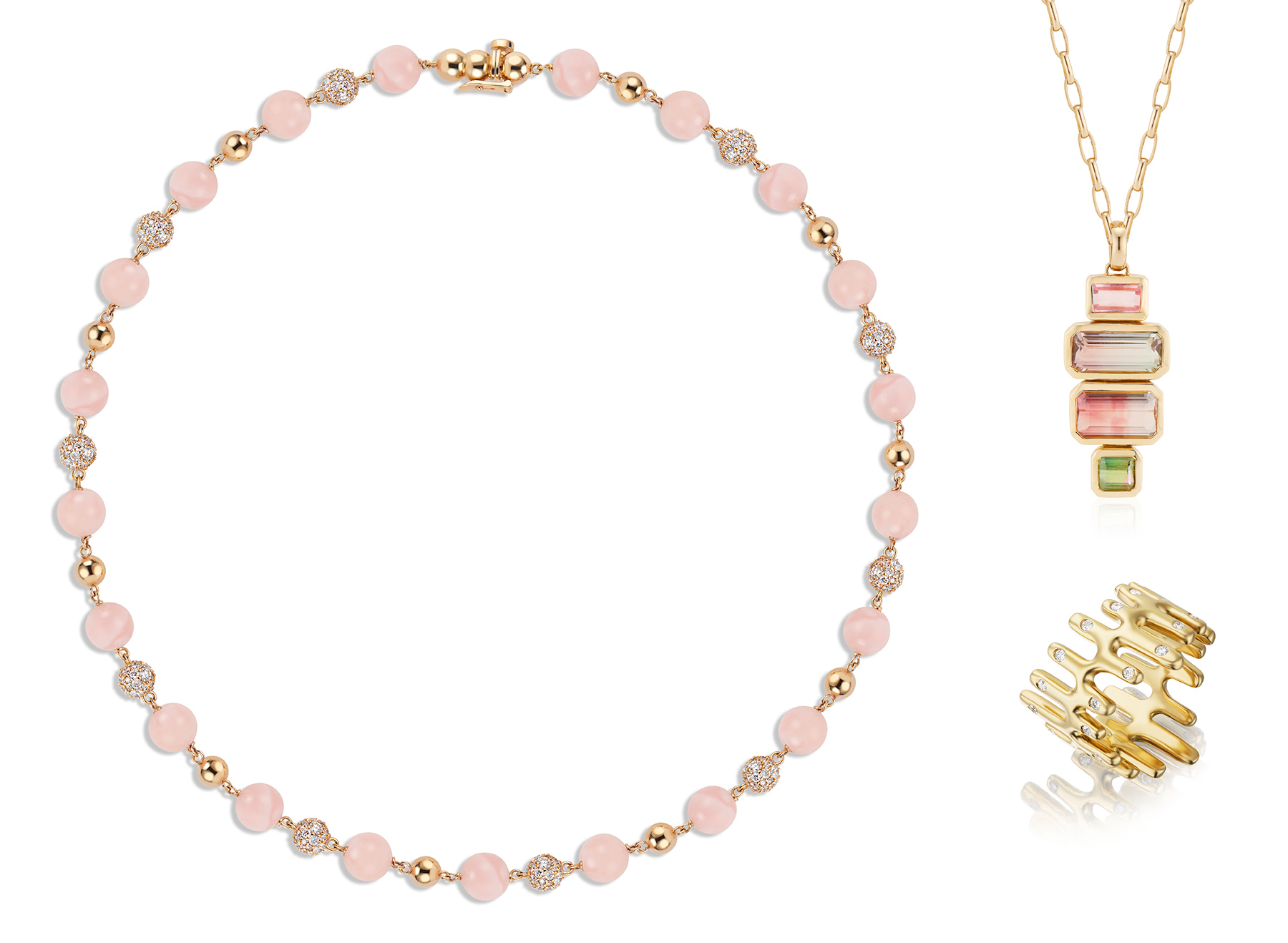 Akaila Reid pink opal necklace tourmaline necklace wavy ring