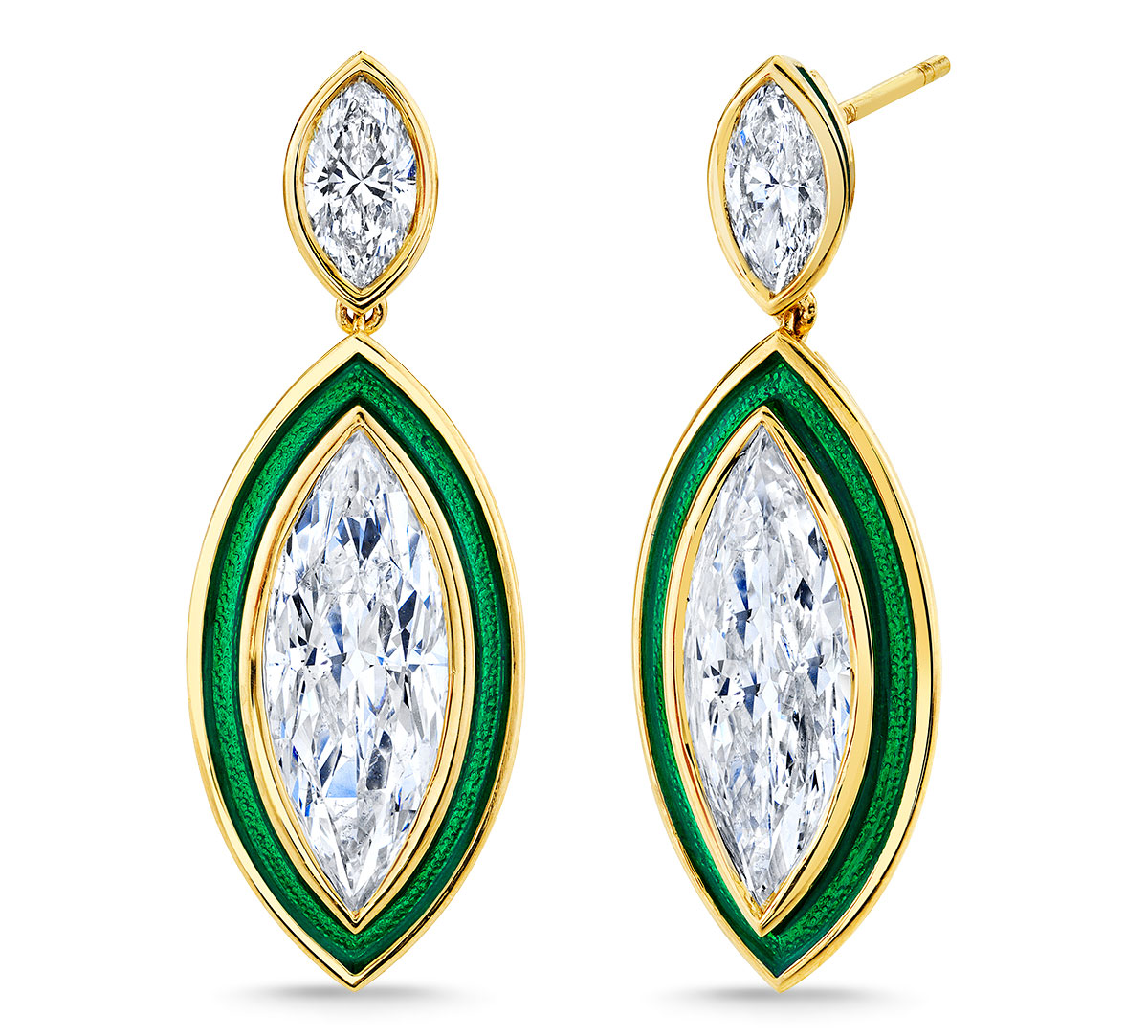 Best Earring Norman Silverman marquise diamond green enamel
