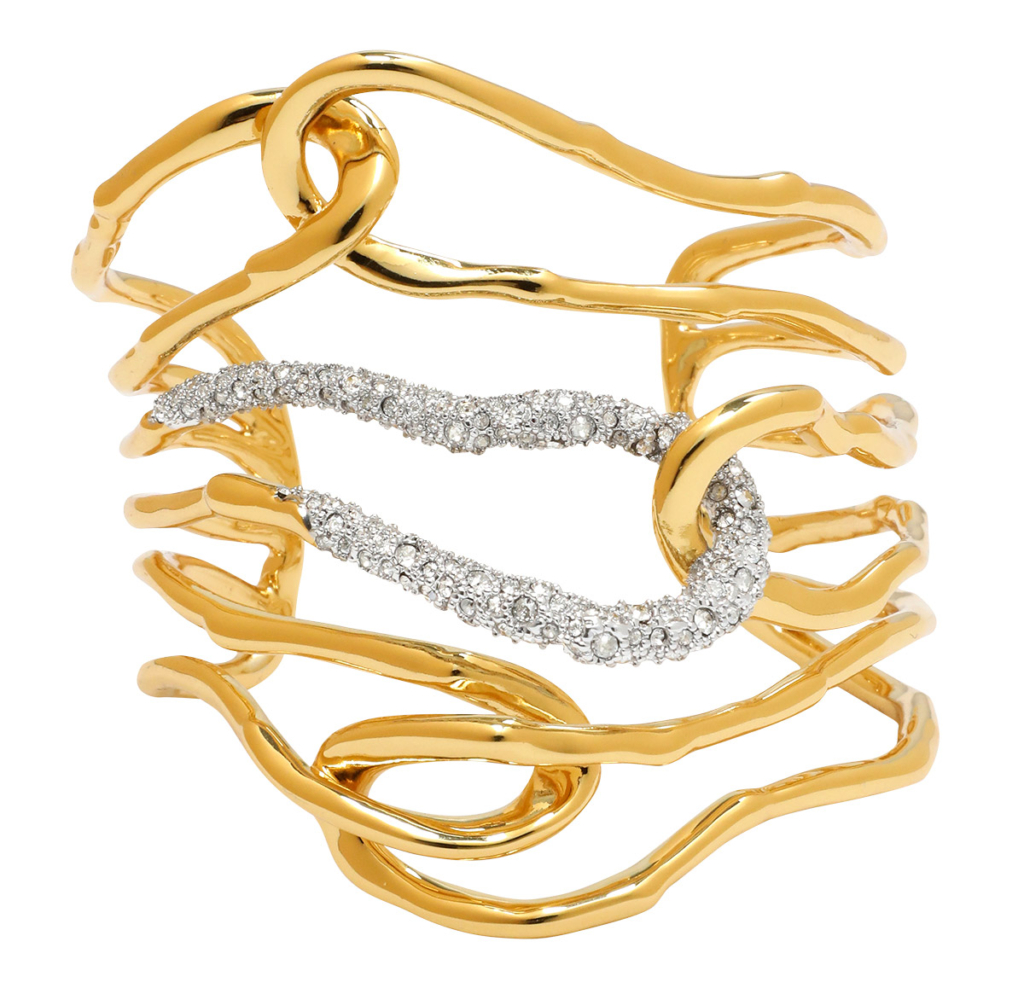 Alexis Bittar large twisted gold plated brass and crystal cuff