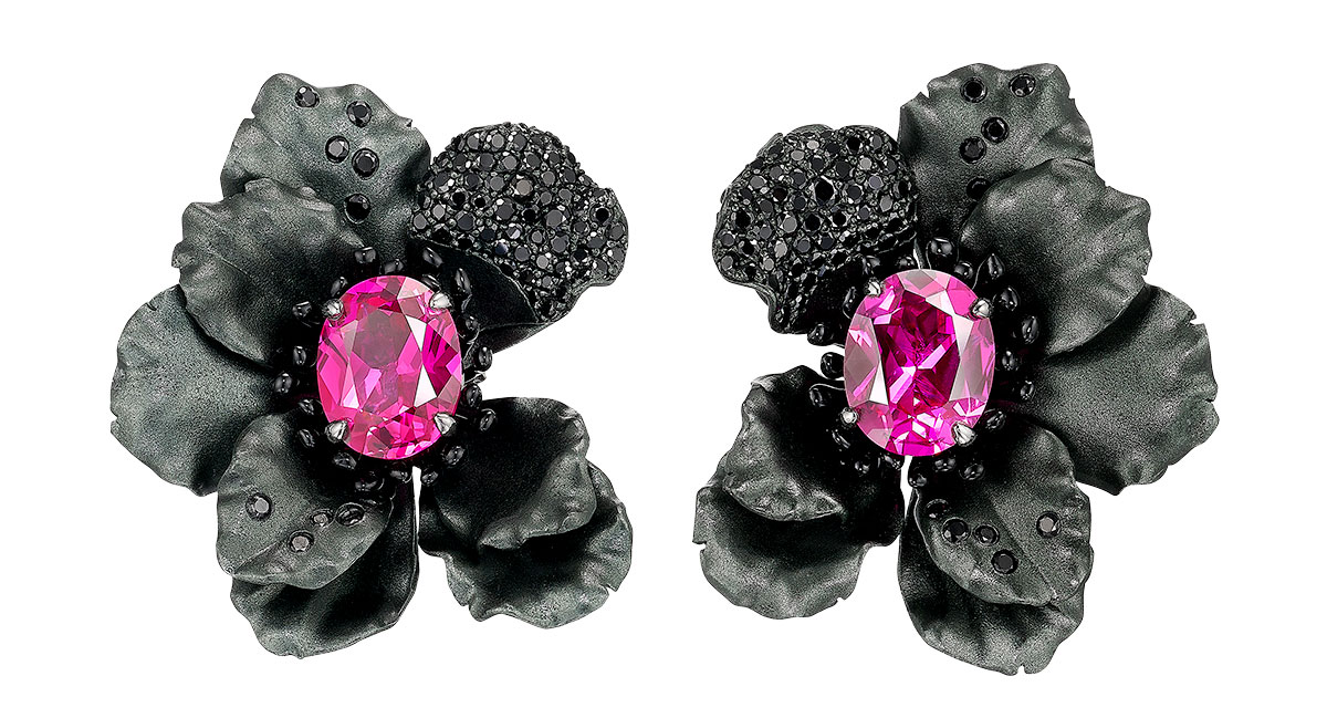 Anabela Chan black velvet poppy recycled aluminum earrings with lab grown sapphires and simulated black diamonds