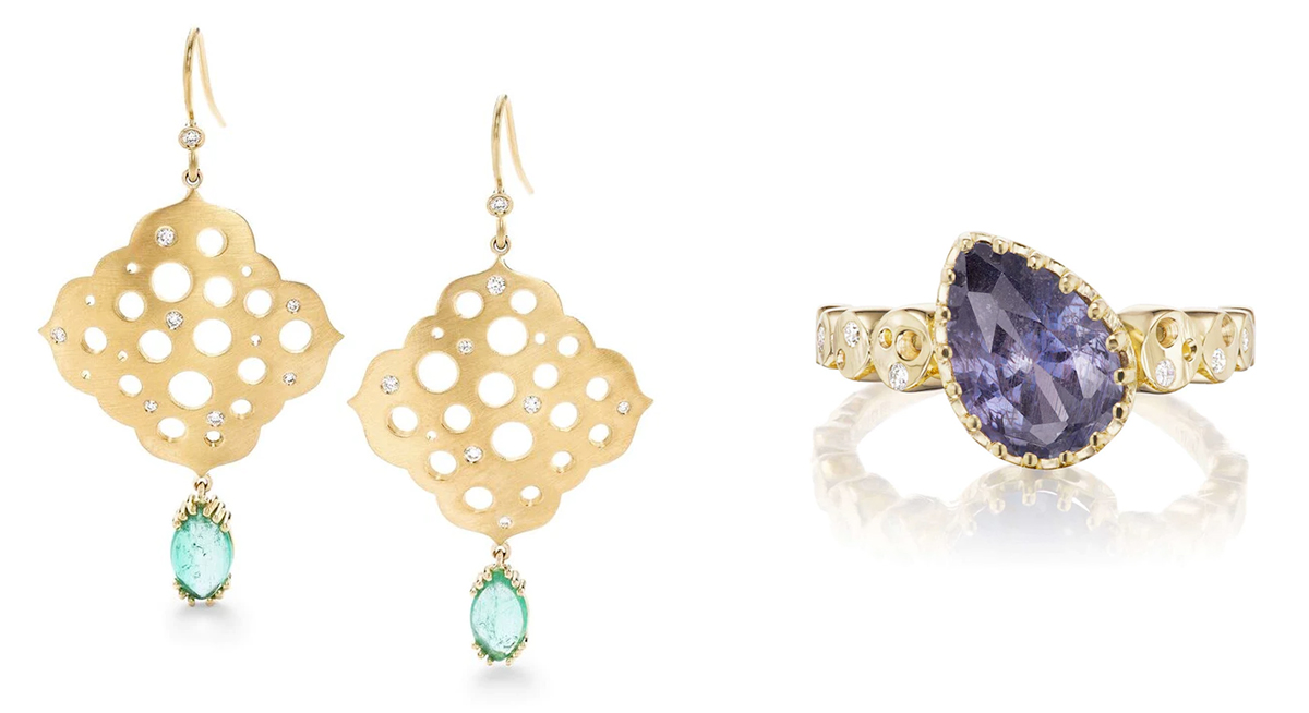 Dana Bronfman Fairmined gold Muzo emerald earrings Moyo sapphire ring