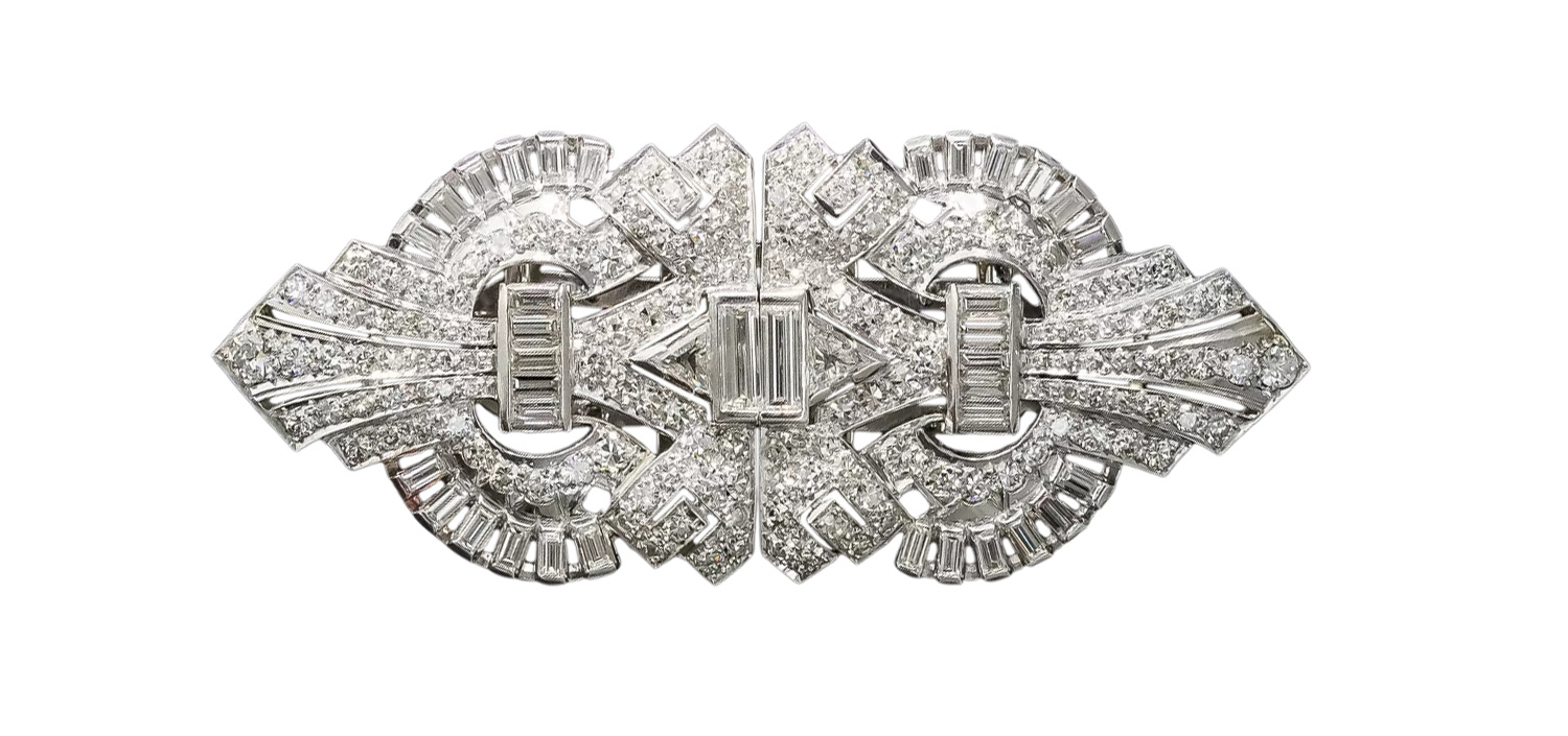 Lang Antiques diamond double clip art deco brooch