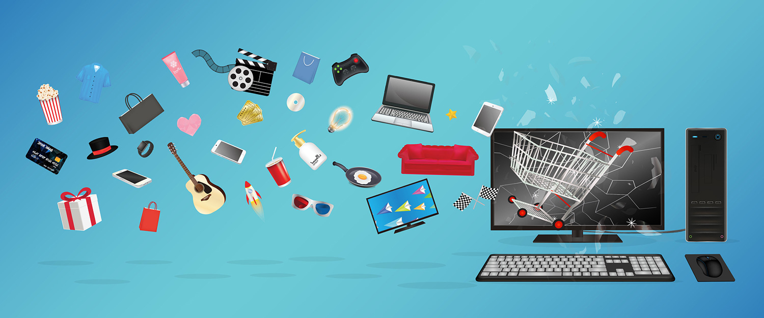 objects floating over desktop screen online shopping illustration