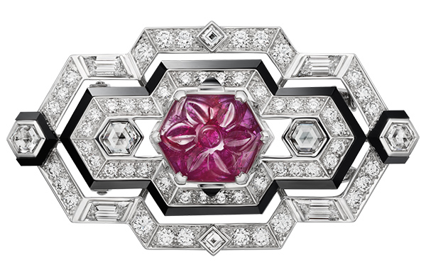 Cartier high jewelry rock crystal diamond ruby onyx emerald brooch
