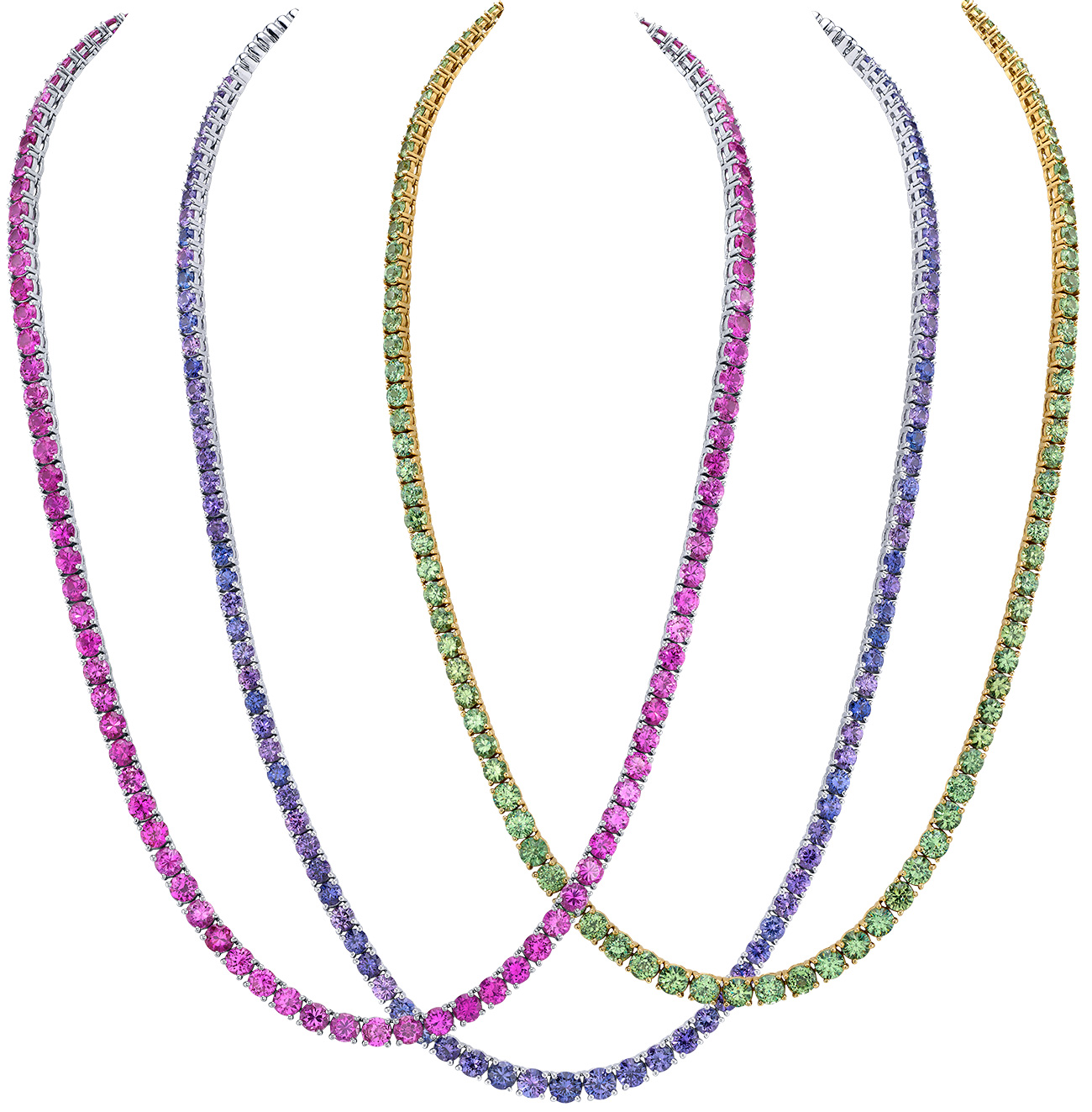 Omi pink blue purple sapphire and demantoid garnet necklaces