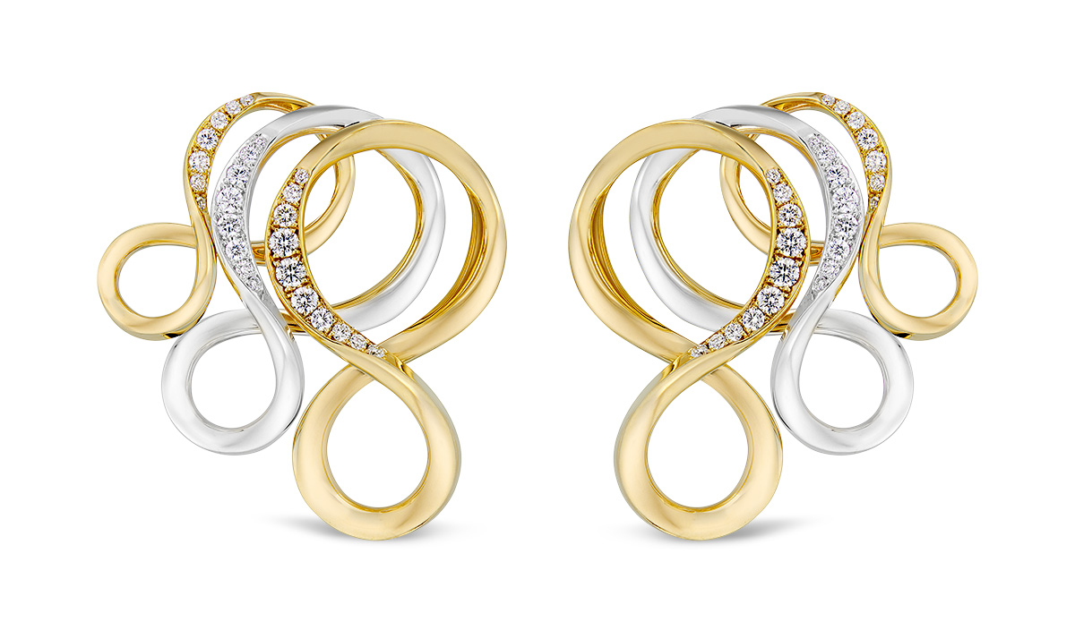Gold Jewelry Renisis triple infinity gold diamond pave earrings
