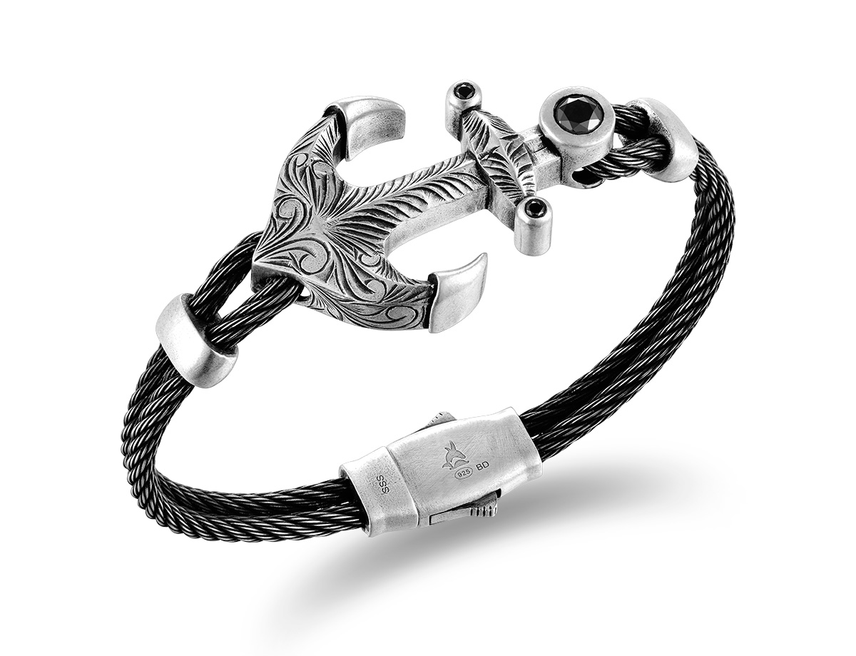 Mens Jewelry Alamea anchor bangle silver black diamond