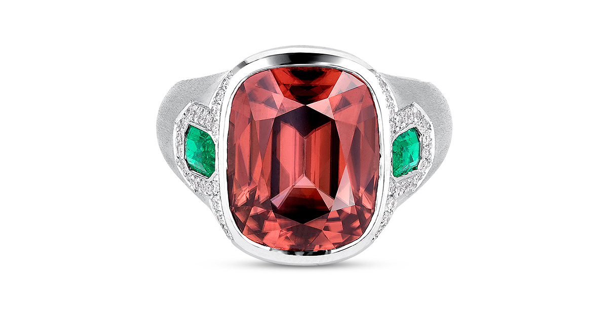 Mens Jewelry Ricardo Basta platinum Flame Within cushion zircon emerald side stone diamond ring