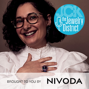Bella Neyman, founder of NYCJW smiling with the podcast and sponsor Nivoda logos