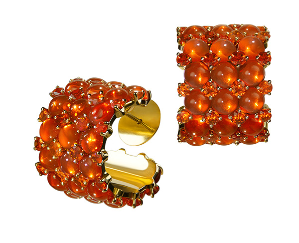 Ming Cabochon Mexican Fire Opals faceted Mexican Fire Opal and Yellow Gold Firethorn Earrings POA