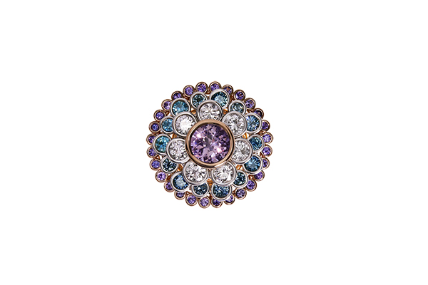 Ming Dahlia ring Madagascan no heat purple sapphire diamonds Montana teal sapphire purple sapphires rose gold and plati