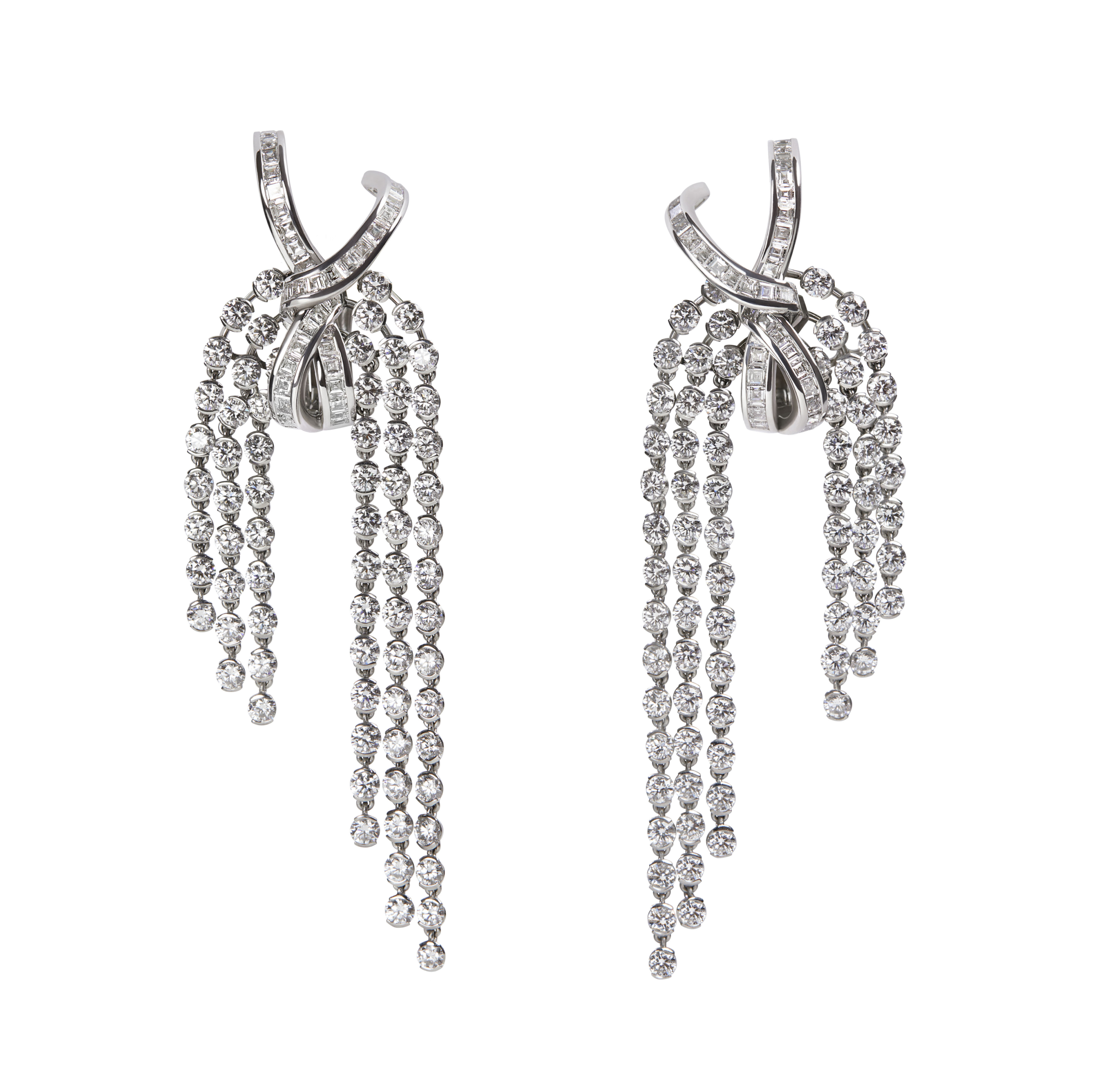 Round brilliant cut custom cut diamond and platinum Diamond Dangle Earrings POA