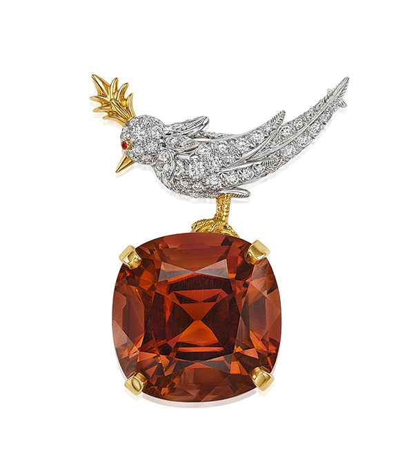 Bonhams Tiffany bird on a rock orange tourmaline pendant brooch