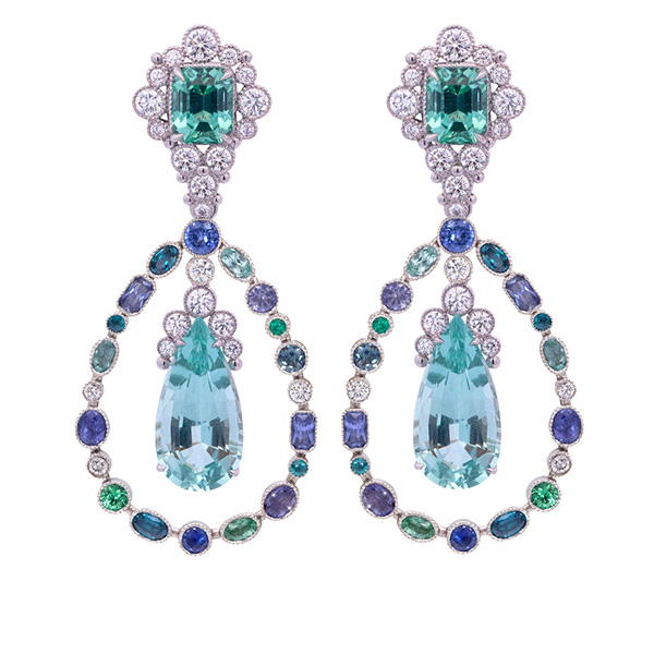 Three-piece earring suite in platinum with mint green tourmalines, aquamarines, Paraiba tourmalines, sapphires, blue zircons, and diamonds, $120,000; Featherstone Design Three-piece earring suite in platinum with mint green tourmalines, aquamarines, Paraiba tourmalines, sapphires, blue zircons, and diamonds, $120,000; Featherstone Design