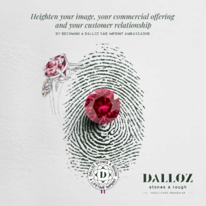Dalloz Stones & Rough logo with pink stone on a fingerprint and a sketch of the stone in a ring setting