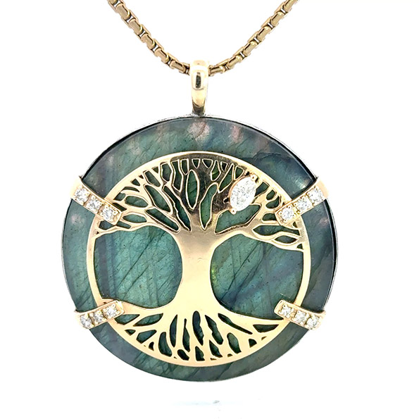 Custom necklace with tree detail in gold with diamonds designed with help from Malakan