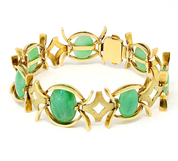 Natural cabochon jadeite 18k yellow gold bracelet at Rosaria Varra