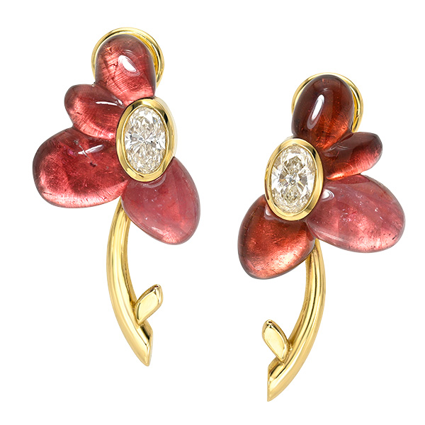 Retrouvai carved rubellite flower earrings