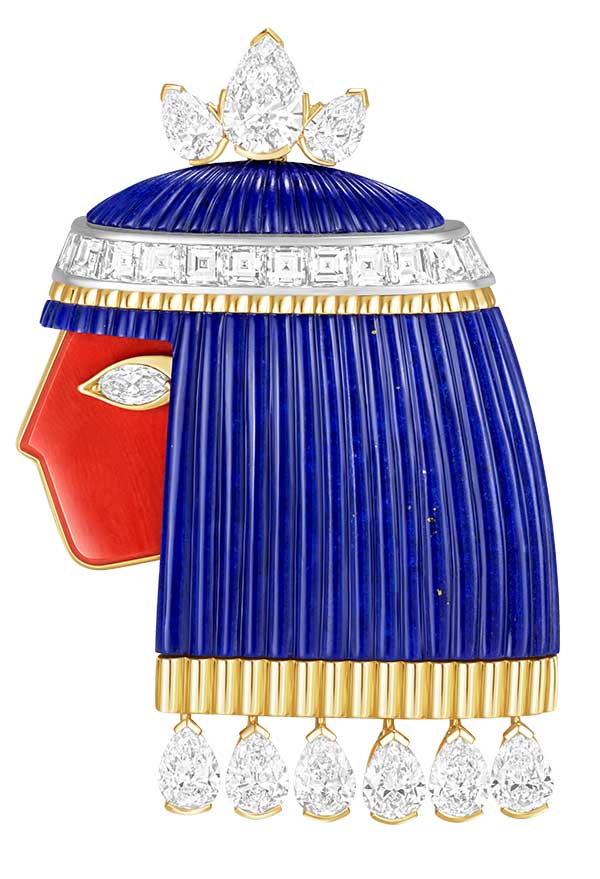 Silhouette précieuse clip and pendant in 18k gold, coral, lapis lazuli and diamonds