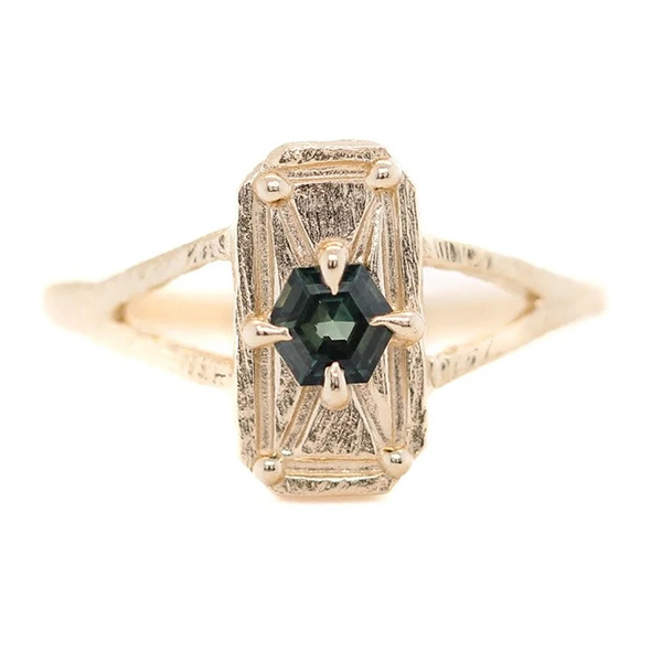 Universal Deco Teal Hexagon Sapphire ring