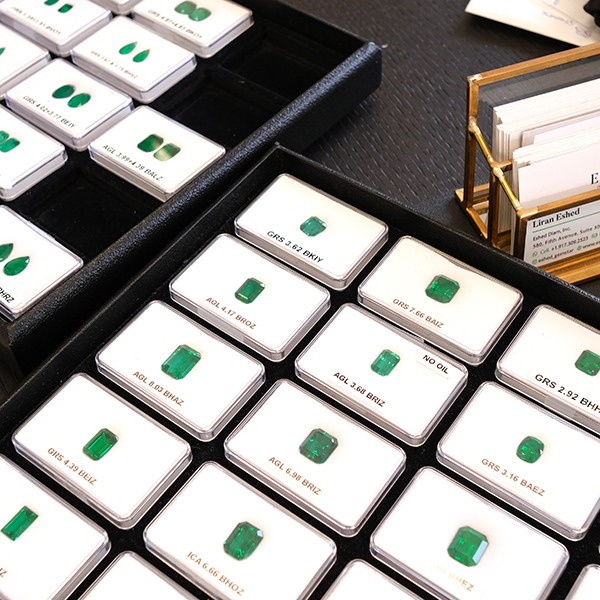Trays of fine Zambian emeralds at Eshed-Gemstar