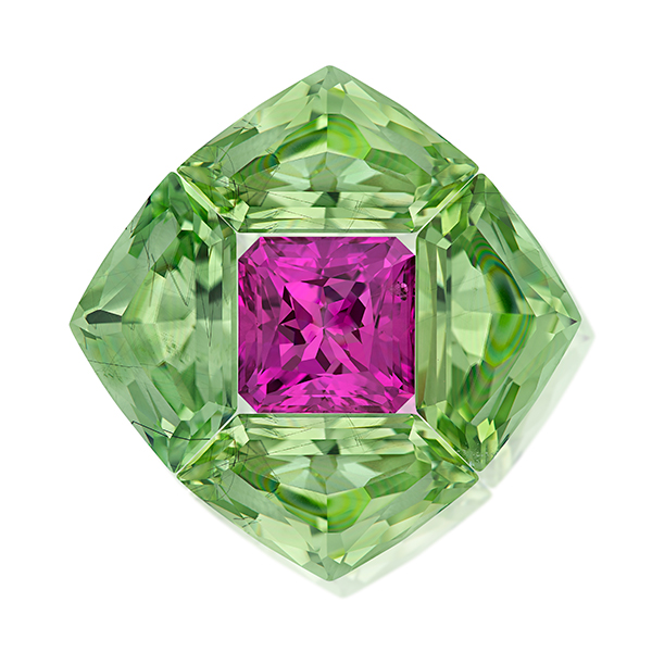 Best of Single Entries Cutting Edge and Innovative Faceting Stephen Avery peridot and pink sapphire suite