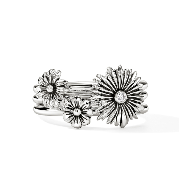 Wildflower Stacking Rings Set of 3, Sterling Silver, Lab Grown Diamond