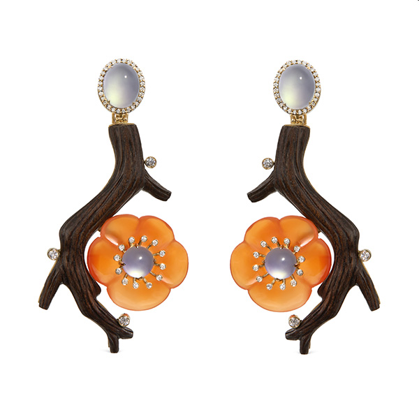 SilviaAspreyCherryBlossomearringsin18ctyellowgoldwithcarvedbraúnawoodagateredandwhitejadeiteanddiamonds