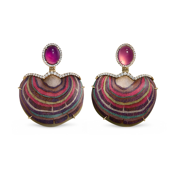 SilviaFurmanovichWildMushroomearrings18ctrosegoldwithmushroommarquetrypinkandlavenderjadeiteanddiamonds