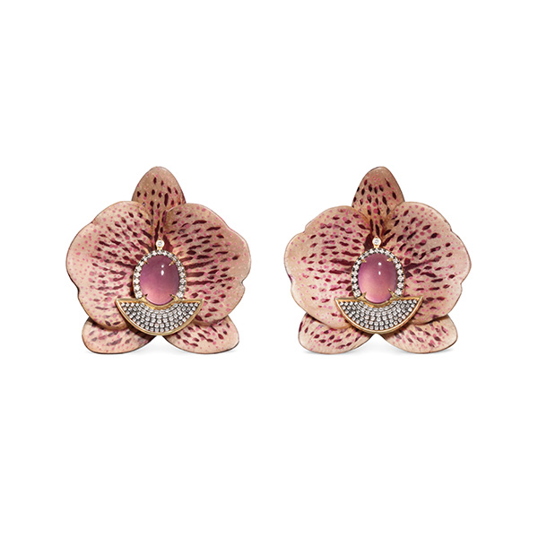 SilviaFurmanovichWildOrchidearringsin18ctyellowgoldwithorchidmarquetryjadeiteanddiamonds