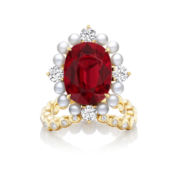 Baker's Simonetta Supreme ring uses pearls as an accent around a large 10.11 ct. rubellite (tourmaline), $29,200