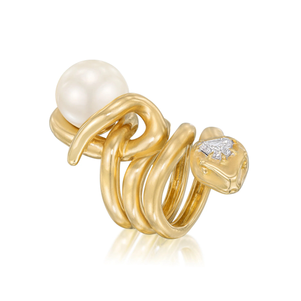 Anne Baker's Luisa: an 18k yellow gold snake coiled with a 14.5 mm South Sea pearl on its tail and a 1 ct. certified D-color natural diamond on its head, $29,000